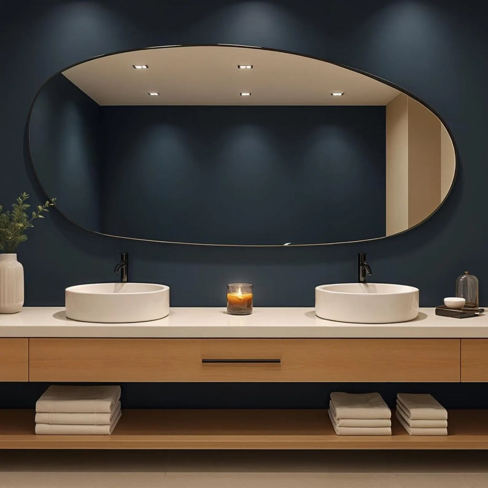 Ocean Wave Mirror: Handmade Wooden Frame, Modern Oval Wall Decor