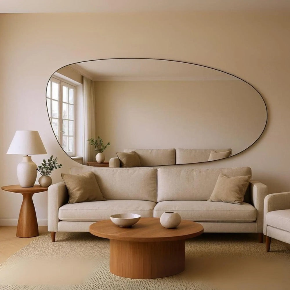 Ocean Wave Mirror: Handmade Wooden Frame, Modern Oval Wall Decor