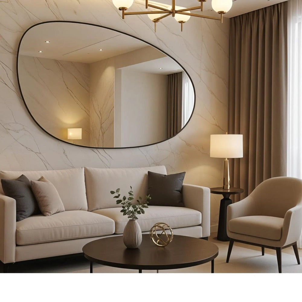 Ocean Wave Mirror: Handmade Wooden Frame, Modern Oval Wall Decor